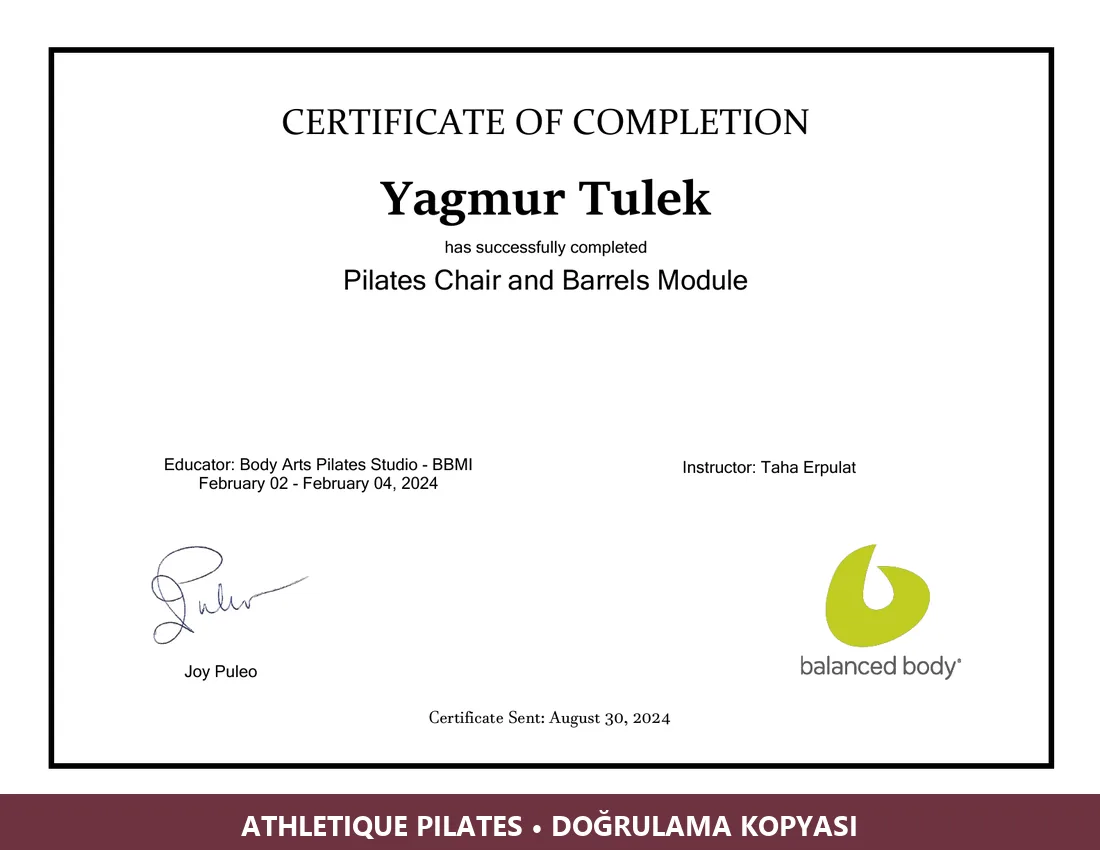 Yağmur Tülek Pilates Chair and Barrels Module belgesinin doğrulama kopyası