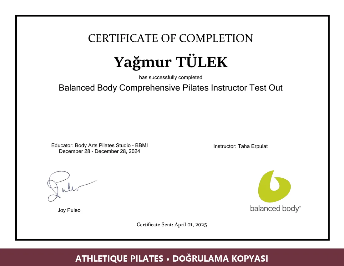 Yağmur Tülek Balanced Body Comprehensive Pilates Instructor Test Out belgesinin doğrulama kopyası