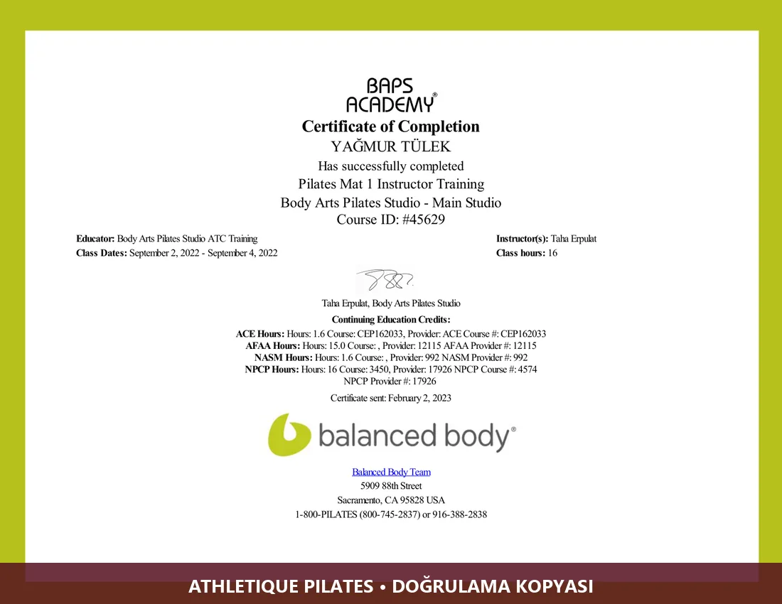 Yağmur Tülek Pilates Mat 1 eğitim belgesinin doğrulama kopyası