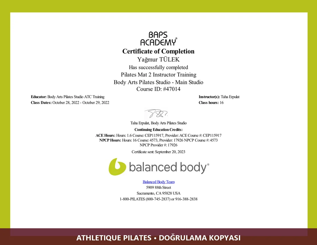 Yağmur Tülek Pilates Mat 2 eğitim belgesinin doğrulama kopyası