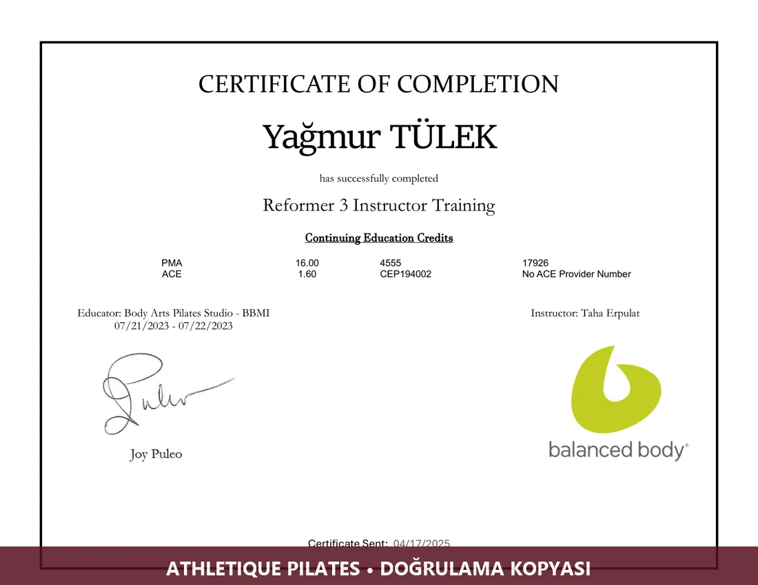 Yağmur Tülek Reformer 3 eğitim belgesinin doğrulama kopyası